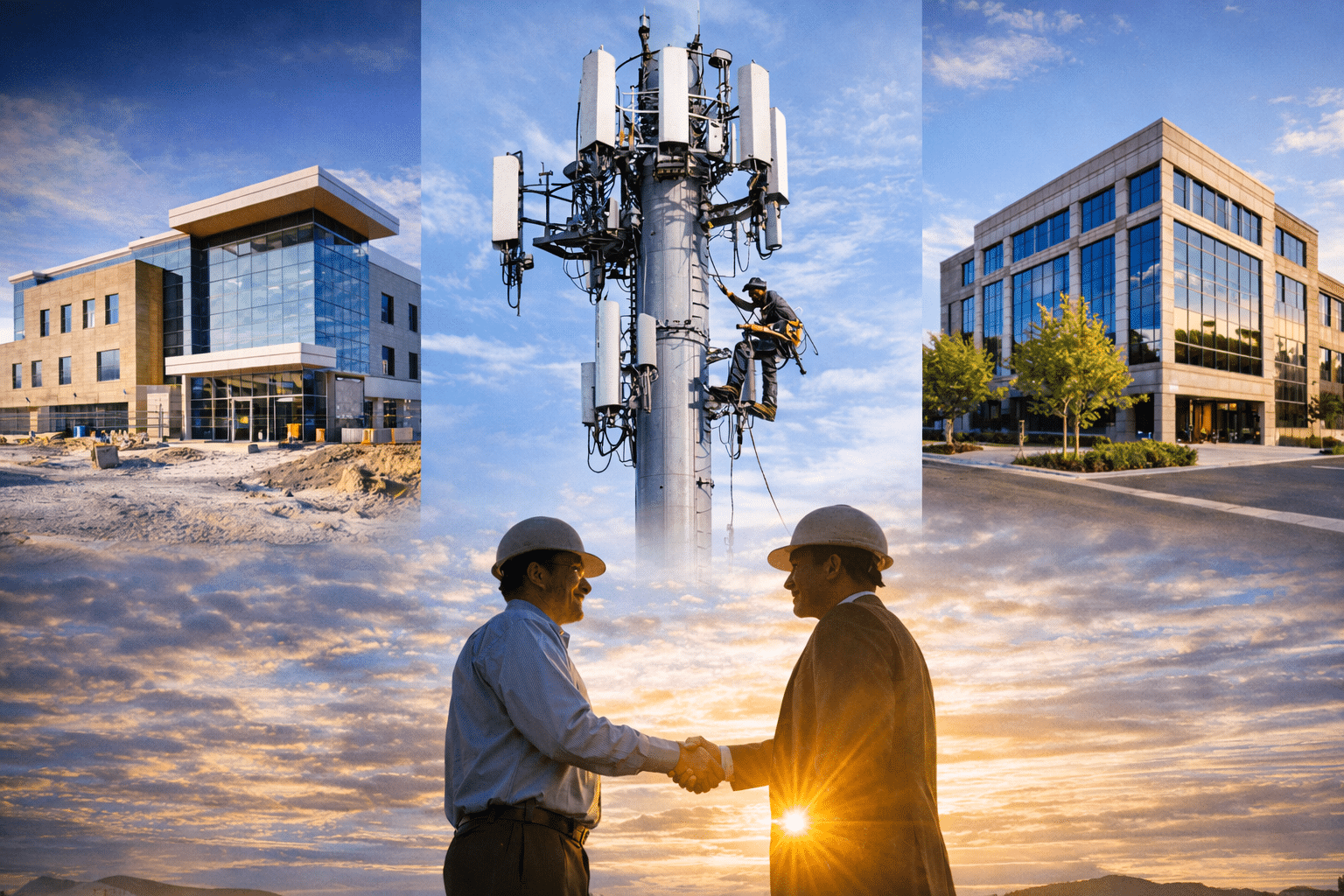Construction industry collage: buildings, cell tower technician, handshake at sunset.