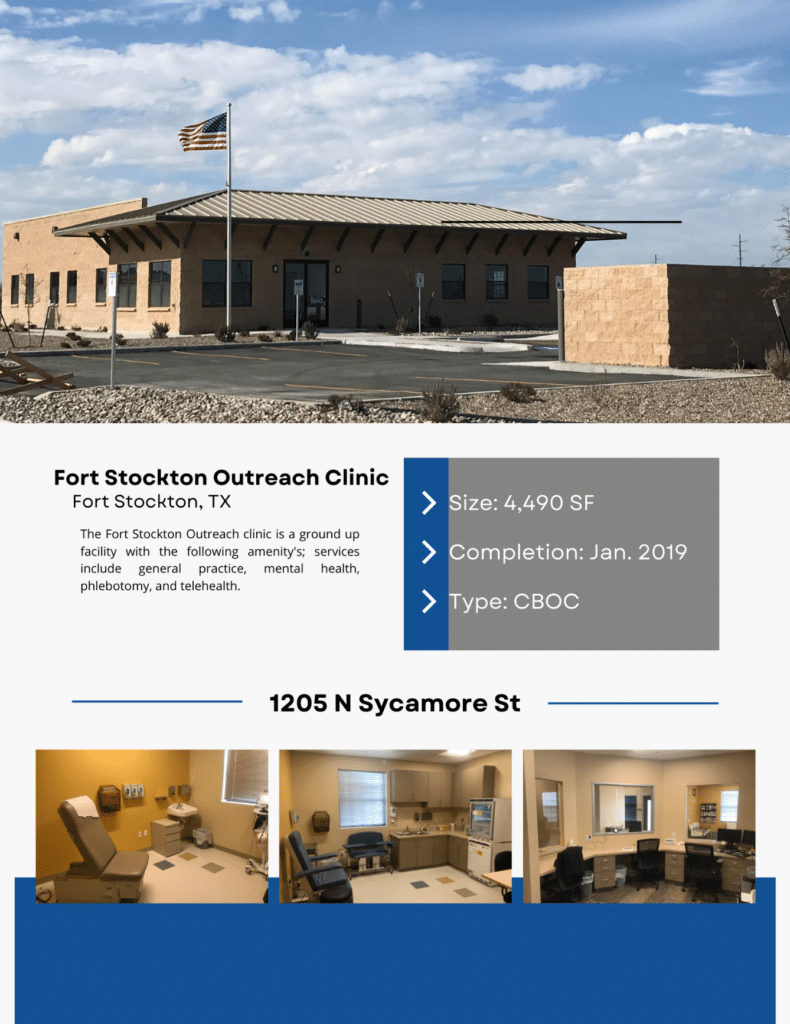 Fort Stockton Clinic exterior and interior views, offering medical, mental health, phlebotomy, and telehealth services.
